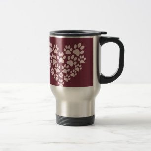Cute Pink Dog Paw Print Heart on Burgundy Travel Mug