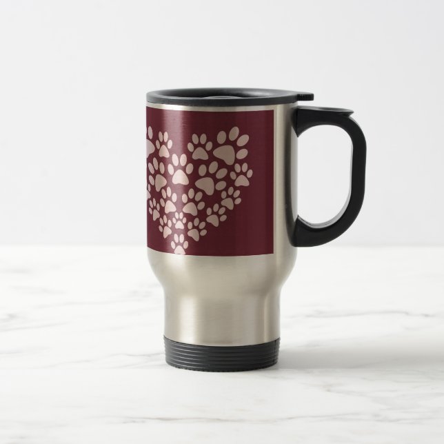 Cute Pink Dog Paw Print Heart on Burgundy Travel Mug (Right)