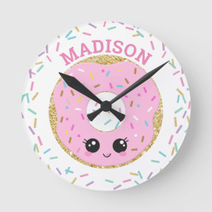 Cute Pink Donut Doughnut Sprinkles Girls Room Round Clock