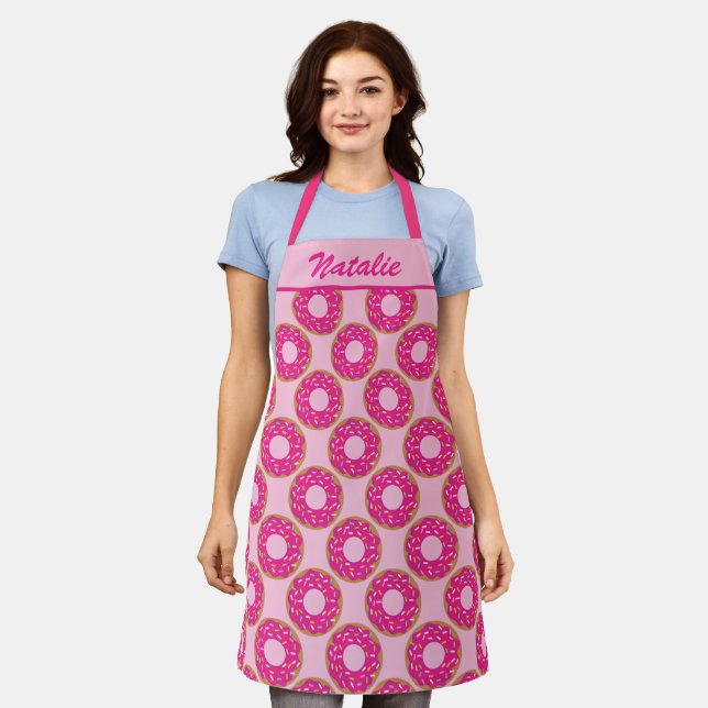 Cute pink donut print custom name kitchen baking apron (Worn)