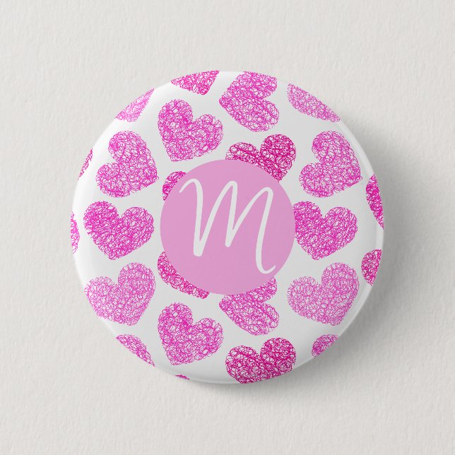Cute Pink Doodled Heart Valentine's Day Monogram 6 Cm Round Badge (Front)