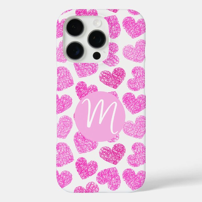Cute Pink Doodled Heart Valentine's Day Monogram Case-Mate iPhone Case (Back)