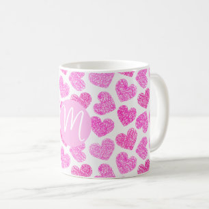 Cute Pink Doodled Heart Valentine's Day Monogram Coffee Mug