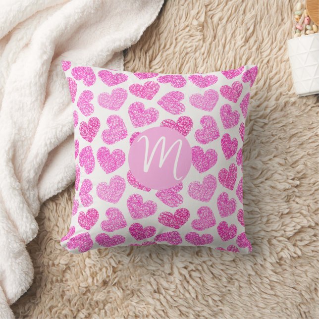 Cute Pink Doodled Heart Valentine's Day Monogram Cushion (Blanket)
