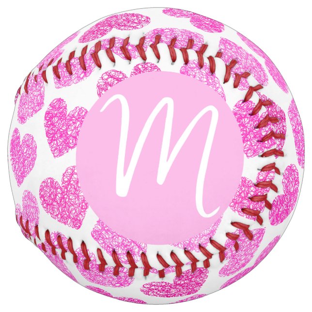 Cute Pink Doodled Heart Valentine's Day Monogram Softball (Front Right)