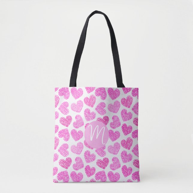 Cute Pink Doodled Heart Valentine's Day Monogram Tote Bag (Front)