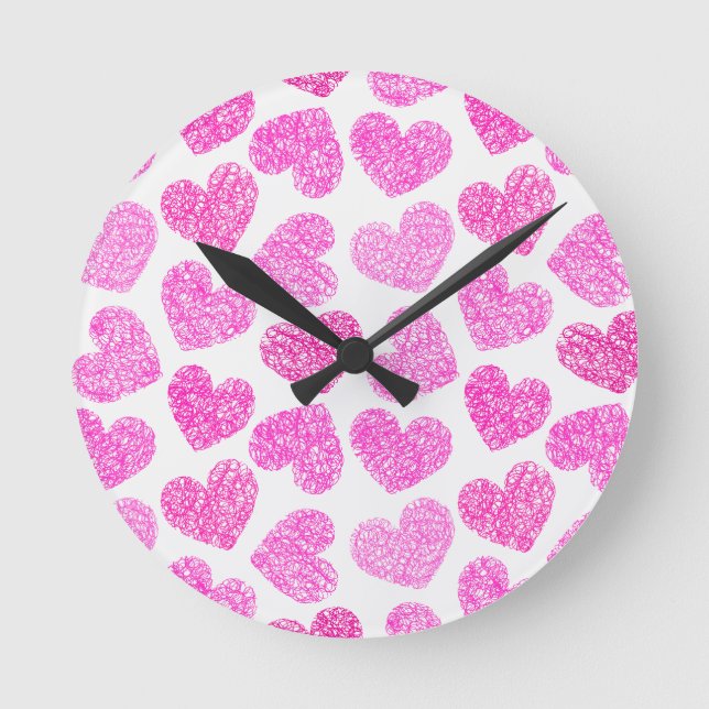 Cute Pink Doodled Heart Valentine's Day Pattern Round Clock (Front)