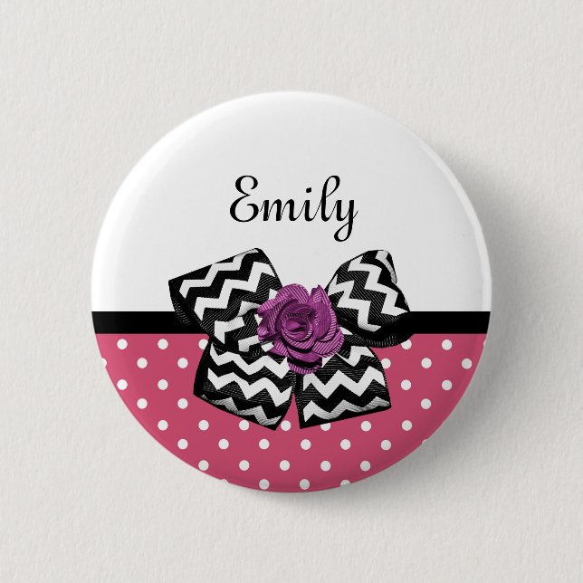 Cute Pink Dots Purple Rose Chevron Bow and Name 6 Cm Round Badge (Front)