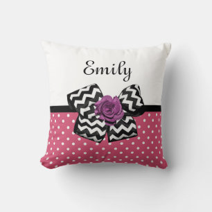 Cute Pink Dots Purple Rose Chevron Bow and Name Cushion