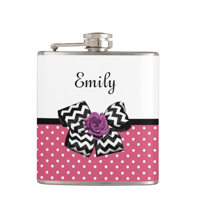 Cute Pink Dots Purple Rose Chevron Bow and Name Hip Flask (Front)