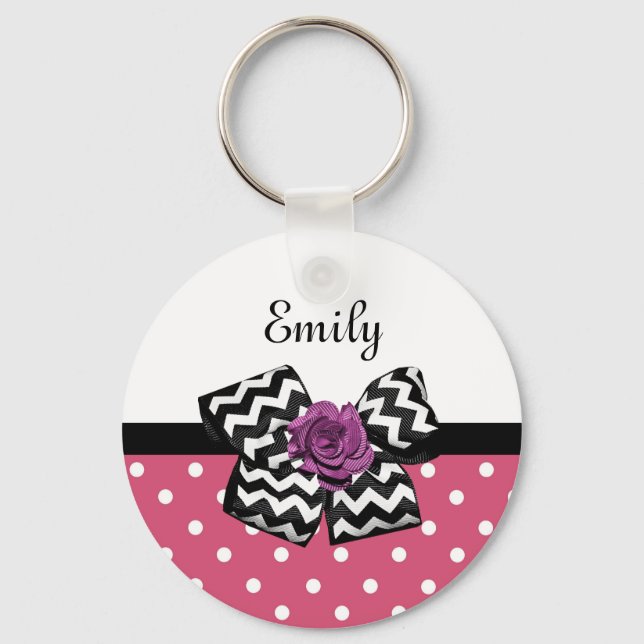 Cute Pink Dots Purple Rose Chevron Bow and Name Key Ring (Front)