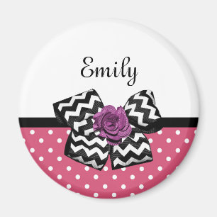 Cute Pink Dots Purple Rose Chevron Bow and Name Magnet
