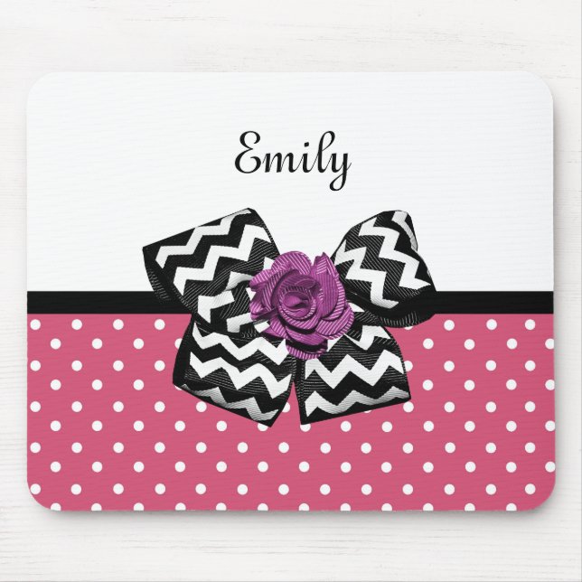 Cute Pink Dots Purple Rose Chevron Bow and Name Mouse Mat (Front)