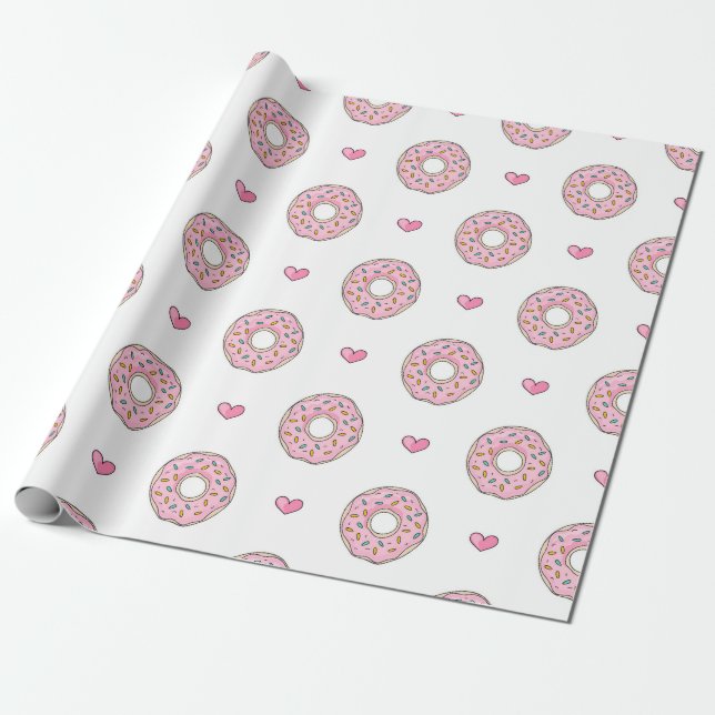 Cute Pink Doughnut and Hearts Pattern Wrapping Paper (Unrolled)
