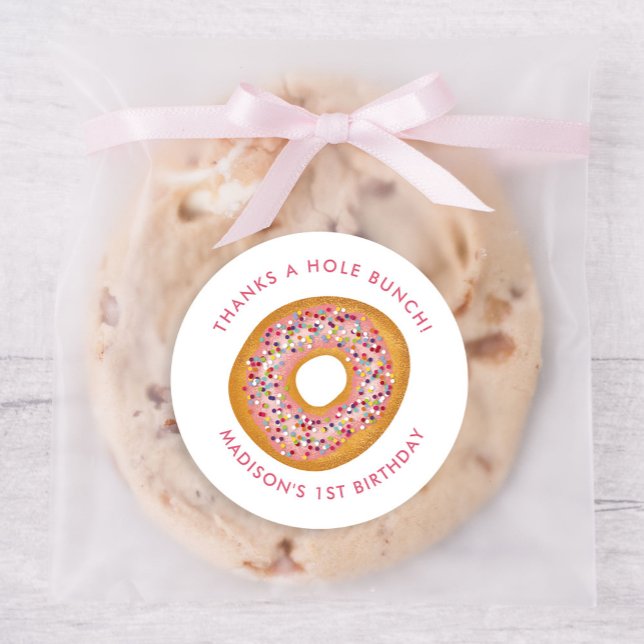 Cute Pink Doughnut Birthday Party Favour Classic Round Sticker (Creator Uploaded)
