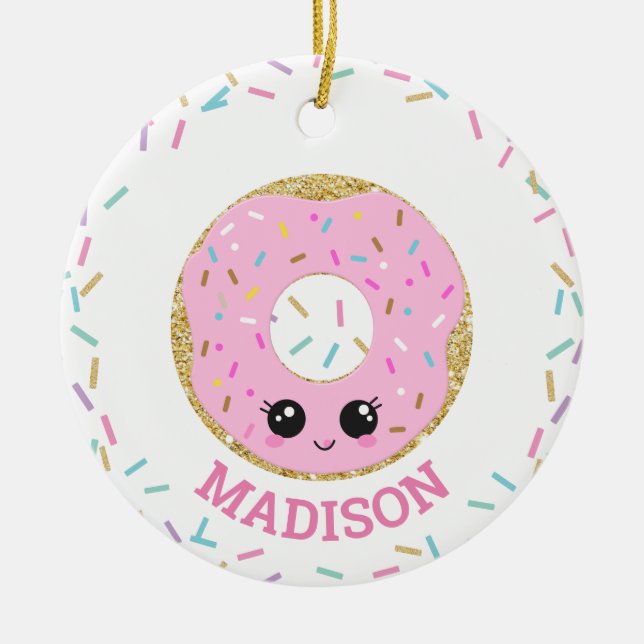 Cute Pink Doughnut Doughnut with Name Ceramic Tree Decoration (Front)