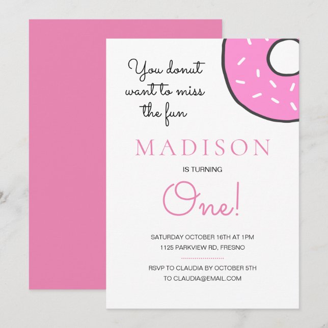 Cute Pink Doughnut Girl Turning One First Birthday Invitation (Front/Back)
