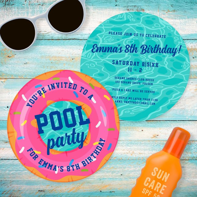 Cute Pink Doughnut Inner Tube Pool Party Birthday Invitation (Creator Uploaded)