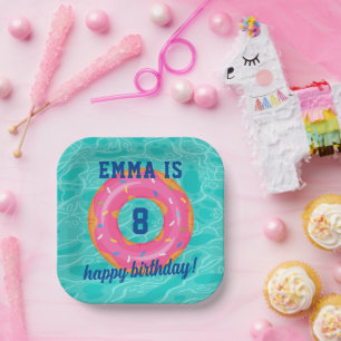 Cute Pink Doughnut Inner Tube Pool Party Birthday Paper Plate