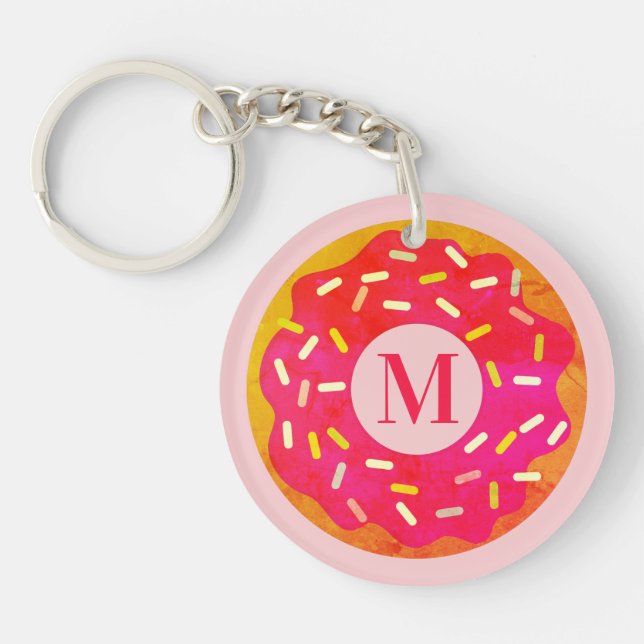 Cute pink doughnut keychain with custom name monog (Front)