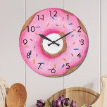 Cute Pink Doughnut Large Clock<br><div class="desc">This cute fun wall clock is decorated with a watercolor pink doughnut with sprinkles.
The perfect gift for a doughnut lover!
Original Watercolor © Michele Davies.</div>