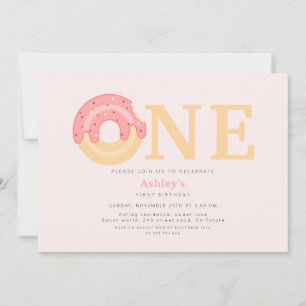 Cute Pink Doughnut One 1st Birthday  Invitation