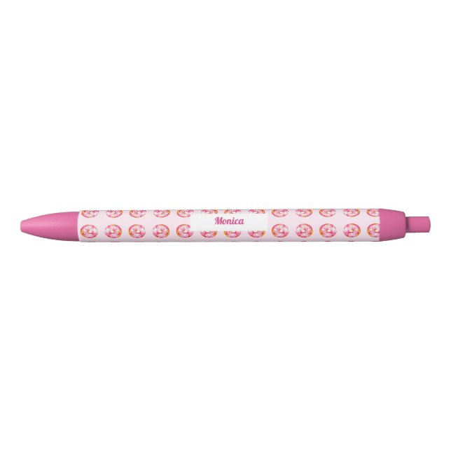 Cute Pink Doughnut Sprinkles Custom Name Girly Black Ink Pen (Front)