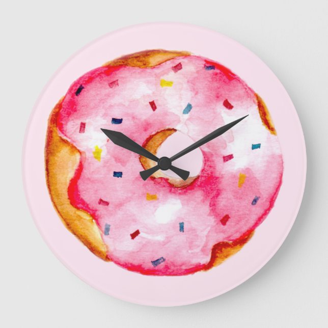 Cute Pink Doughnut Watercolor Rainbow Sprinkles Gi Large Clock (Front)