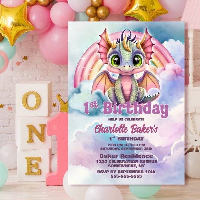 Cute Pink Dragon 1st Birthday Party Invitation (Creator Uploaded)