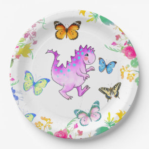 Cute pink dragon and flowers paper plate