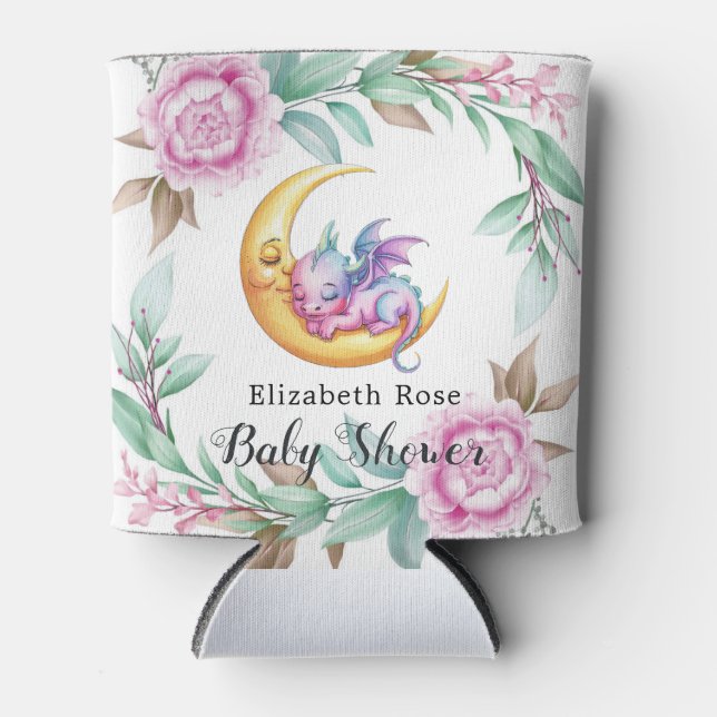 Cute Pink Dragon and Peony Girl Baby Shower Can Cooler (Front)