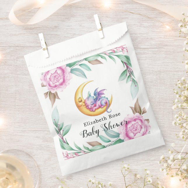 Cute Pink Dragon and Peony Girl Baby Shower Favour Bags (Clipped)