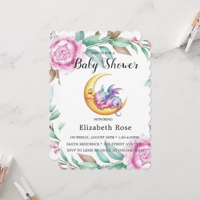 Cute Pink Dragon and Peony Girl Baby Shower Invitation (Front/Back In Situ)