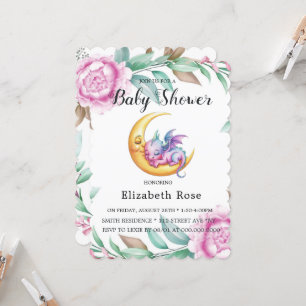 Cute Pink Dragon and Peony Girl Baby Shower Invitation