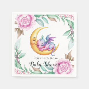 Cute Pink Dragon and Peony Girl Baby Shower Napkin
