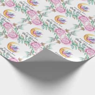 Cute Pink Dragon and Peony Girl Baby Shower Wrapping Paper