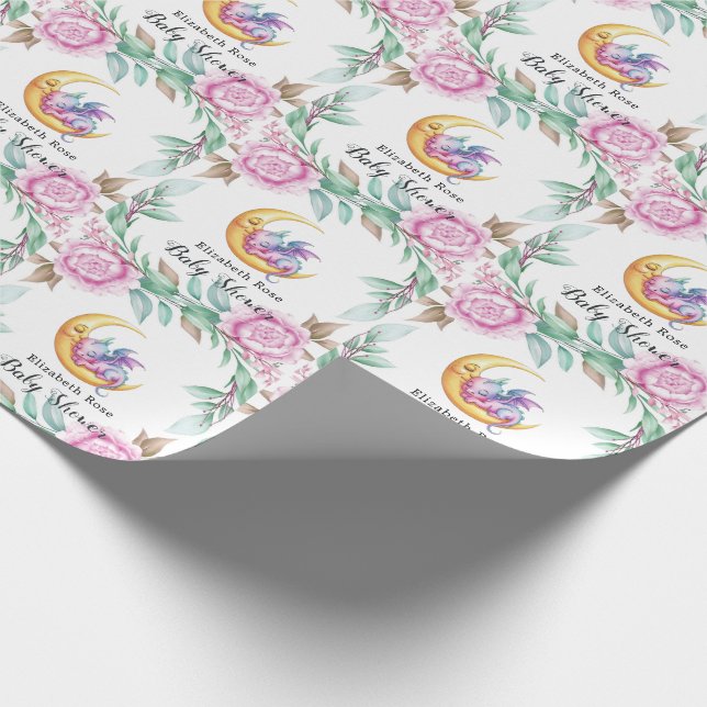 Cute Pink Dragon and Peony Girl Baby Shower Wrapping Paper (Corner)