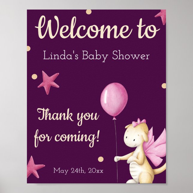Cute Pink Dragon Baby Shower Welcome Poster (Front)