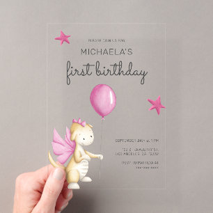 Cute Pink Dragon Girl First Birthday Acrylic Invitations