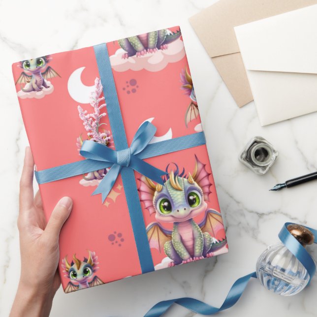 Cute Pink Dragon Pattern Wrapping Paper (Gifting)