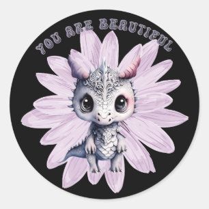 Cute Pink Dragon Whimsical "You Are Beautiful" Classic Round Sticker