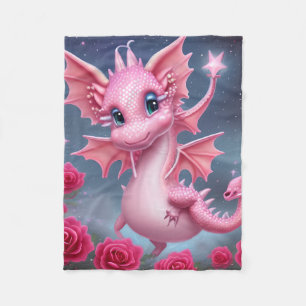 Cute Pink Dragon with Pink Flowers  Fleece Blanket
