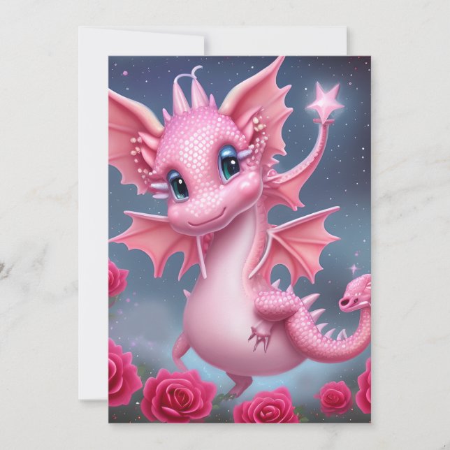 Cute Pink Dragon with Pink Flowers  Holiday Card (Front)