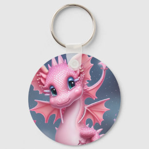 Cute Pink Dragon with Pink Flowers  Key Ring