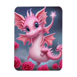 Cute Pink Dragon with Pink Flowers Magnet