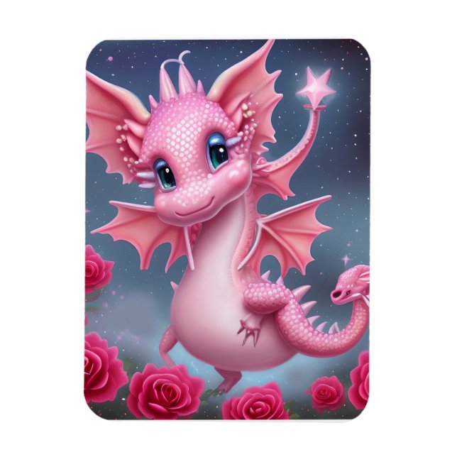 Cute Pink Dragon with Pink Flowers Magnet (Vertical)