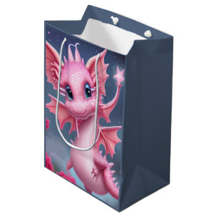 Cute Pink Dragon with Pink Flowers  Medium Gift Bag