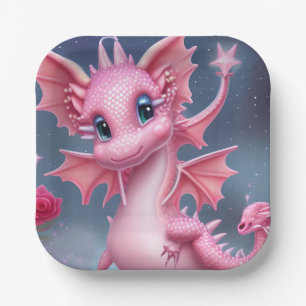 Cute Pink Dragon with Pink Flowers  Paper Plate