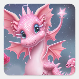 Cute Pink Dragon with Pink Flowers  Square Sticker