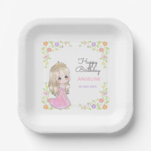 Cute Pink Dress Princess Floral Birthday Paper Plate